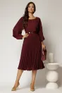 Rochie midi magenta plisata cu croi clos si decolteu rotund cu pliuri, 3, dyfashion.ro