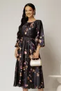 Rochie midi neagra cu imprimeuri mov si detalii la bust, 1, dyfashion.ro