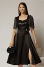 Rochie midi neagra din tafta si paiete cu funda ampla pe talie, 1, dyfashion.ro