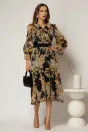 Rochie midi neagra din voal cu imprimeuri bej si funda la decolteu, 3, dyfashion.ro