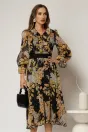 Rochie midi neagra din voal cu imprimeuri bej si funda la decolteu, 1, dyfashion.ro