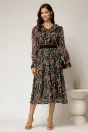Rochie midi neagra din voal cu imprimeuri verzi si funda la decolteu, 3, dyfashion.ro