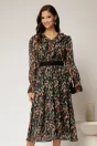 Rochie midi neagra din voal cu imprimeuri verzi si funda la decolteu, 1, dyfashion.ro