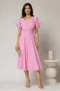Rochie midi roz din voal in clos cu decupaje la umeri si cordon in talie, 3, dyfashion.ro