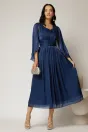 Rochie midi Scarlet bleumarin din voal peliculizat cu maneci ample si deolteu V, 3, dyfashion.ro