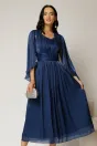 Rochie midi Scarlet bleumarin din voal peliculizat cu maneci ample si deolteu V, 1, dyfashion.ro