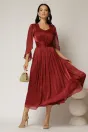 Rochie midi Scarlet bordo din voal peliculizat cu maneci ample si deolteu V, 3, dyfashion.ro