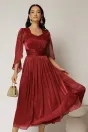 Rochie midi Scarlet bordo din voal peliculizat cu maneci ample si deolteu V, 1, dyfashion.ro