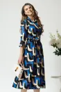 Rochie office cu imprimeu geometric albastru si cordon in talie, 1, dyfashion.ro