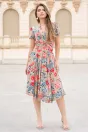 Rochie din viscoza bej cu croi petrecut si imprimeu floral rosu, 4, dyfashion.ro