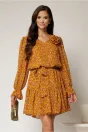 Rochie scurta galben mustar cu imprimeu floral si volanas la baza, 1, dyfashion.ro