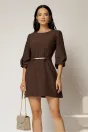 Rochie scurta maro din stofa cu maneci bufante si curea in talie, 1, dyfashion.ro