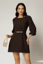 Rochie scurta maro inchis din stofa cu maneci bufante si curea in talie, 1, dyfashion.ro