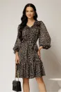 Rochie scurta neagra cu imprimeu lila si volanas la baza, 1, dyfashion.ro