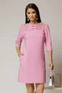 Rochie scurta roz de ocazie cu croi drept si funde cu guler cu margele la decolteu, 1, dyfashion.ro
