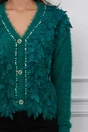 Pulover Arina verde petrol din tricot pufos cu perlute si aplicatii 3D