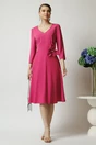 Rochie Viada din triplu voal fucsia cu floare maxi in talie