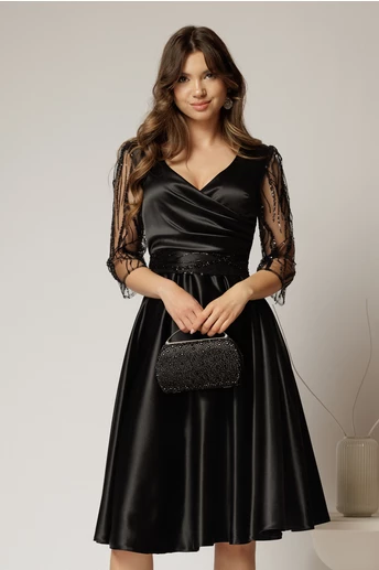 Rochie Adria neagra din tafta in clos cu cordon in talie