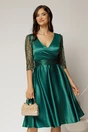 Rochie Adria verde smarald din tafta in clos cu cordon in talie, 1, dyfashion.ro