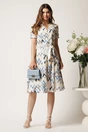Rochie alba cu print zig-zag albastru in clos cu cordon in talie, 3, dyfashion.ro