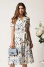 Rochie alba cu print zig-zag albastru in clos cu cordon in talie, 1, dyfashion.ro