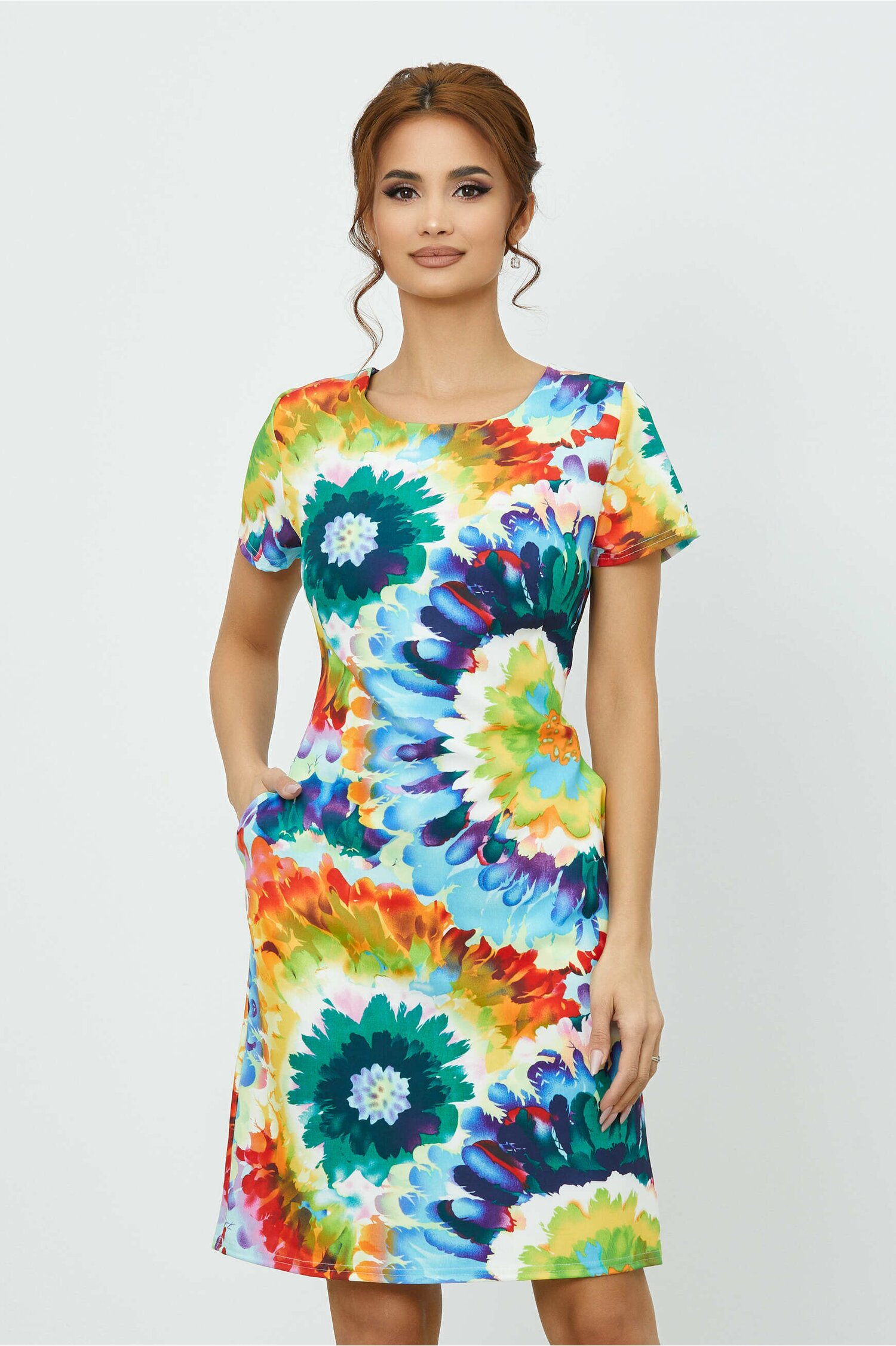 Rochie alma cu imprimeu floral bleu-verde si buzunare functionale