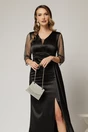 Rochie Alora lunga eleganta din tafta neagra cu pietre pe maneci, 3, dyfashion.ro