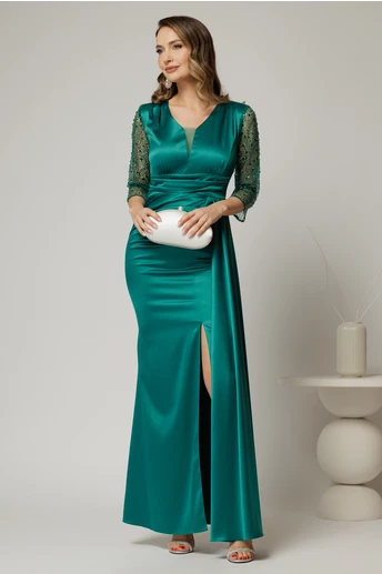 Rochie Alora lunga eleganta din tafta verde cu pietre pe maneci