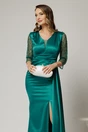 Rochie Alora lunga eleganta din tafta verde cu pietre pe maneci, 3, dyfashion.ro
