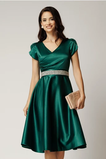 Rochie Amira midi verde din tafta cu paiete pe maneci si cordon in talie