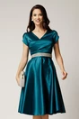 Rochie Amira midi verde petrol din tafta cu paiete pe maneci si cordon in talie, 1, dyfashion.ro
