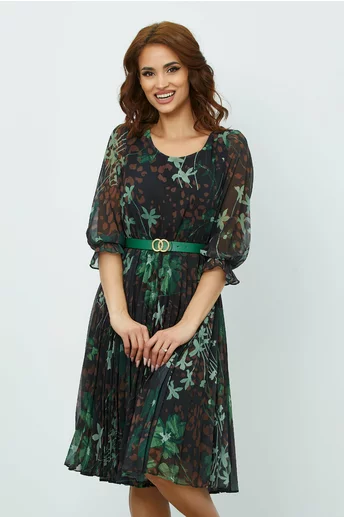 Rochie Ana neagra cu imprimeu verde-maro si fusta plisata