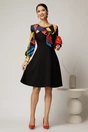 Rochie Andrada din stofa neagra cu funda si imprimeu colorat, 3, dyfashion.ro