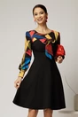 Rochie Andrada din stofa neagra cu funda si imprimeu colorat, 1, dyfashion.ro