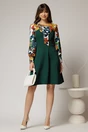 Rochie Andrada din stofa verde cu funda si imprimeu colorat, 3, dyfashion.ro