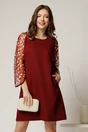 Rochie Andrea scurta bordo din stofa cu croi cambrat si maneci din dantela, 1, dyfashion.ro