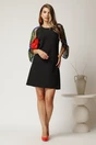 Rochie Andrea scurta neagra din stofa cu croi cambrat si maneci din dantela, 3, dyfashion.ro
