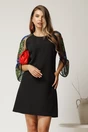 Rochie Andrea scurta neagra din stofa cu croi cambrat si maneci din dantela, 1, dyfashion.ro