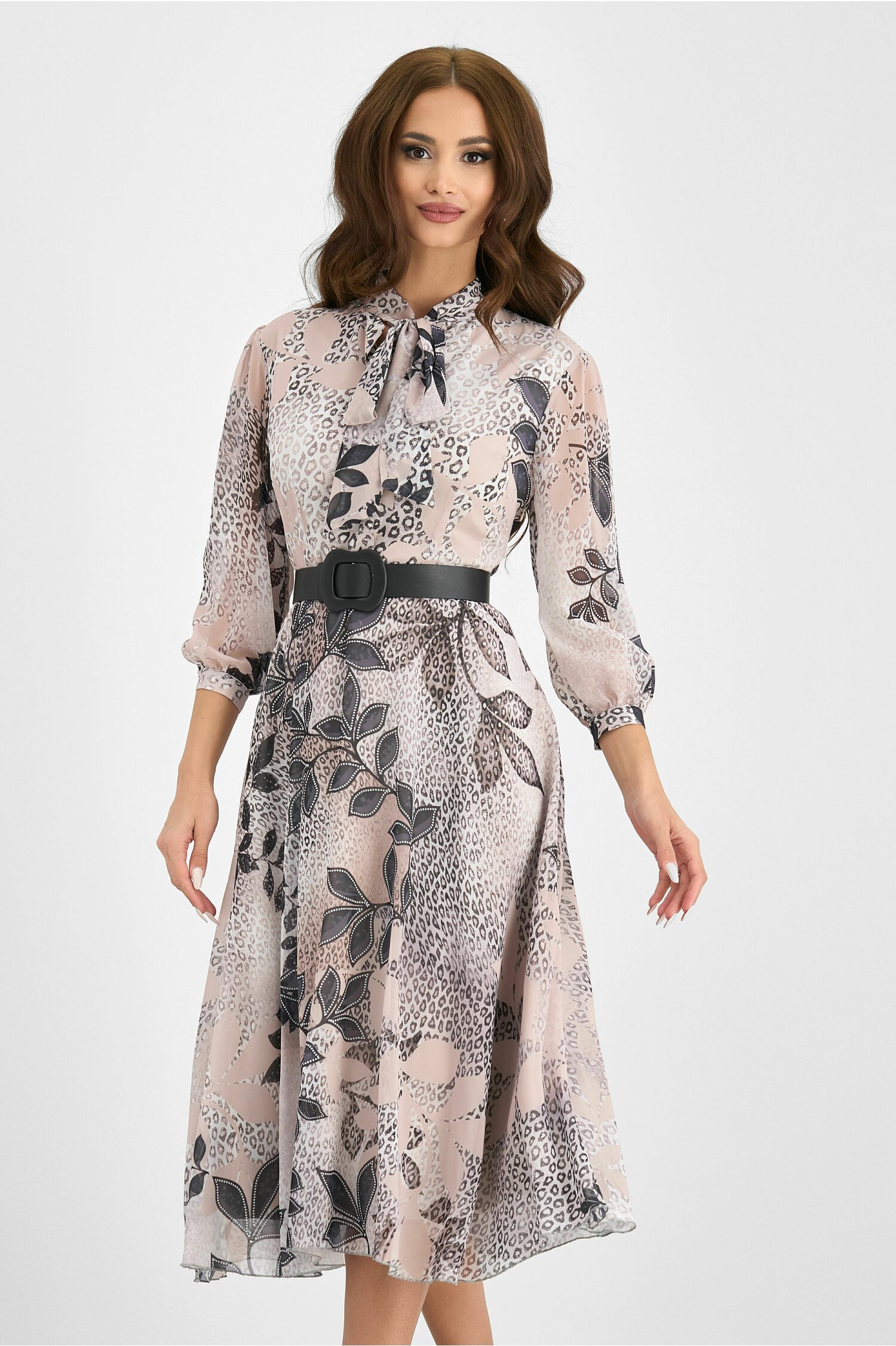 Rochie andreea beige cu imprimeu gri inchis si curea in talie
