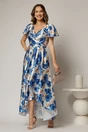 Rochie asimetrica din satin cu imprimeuri albastre si decolteu petrecut, 1, dyfashion.ro