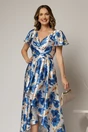 Rochie asimetrica din satin cu imprimeuri albastre si decolteu petrecut, 3, dyfashion.ro