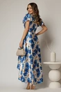 Rochie asimetrica din satin cu imprimeuri albastre si decolteu petrecut, 2, dyfashion.ro