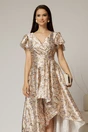 Rochie asimetrica din satin cu imprimeuri bej si decolteu petrecut, 3, dyfashion.ro