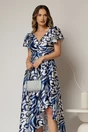 Rochie asimetrica din satin cu imprimeuri bleumarin si decolteu petrecut, 3, dyfashion.ro
