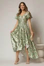 Rochie asimetrica din satin cu imprimeuri verzi si decolteu petrecut, 1, dyfashion.ro