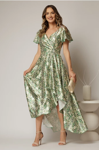 Rochie asimetrica din satin cu imprimeuri verzi si decolteu petrecut