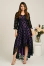 Rochie asimetrica neagra in clos din tull cu dublura mov si buline catifelate, 1, dyfashion.ro