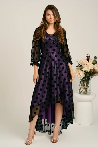 Rochie asimetrica neagra in clos din tull cu dublura mov si buline catifelate