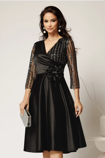 Rochie Azaleea midi neagra din tafta cu paiete la bust si funda maxi in talie