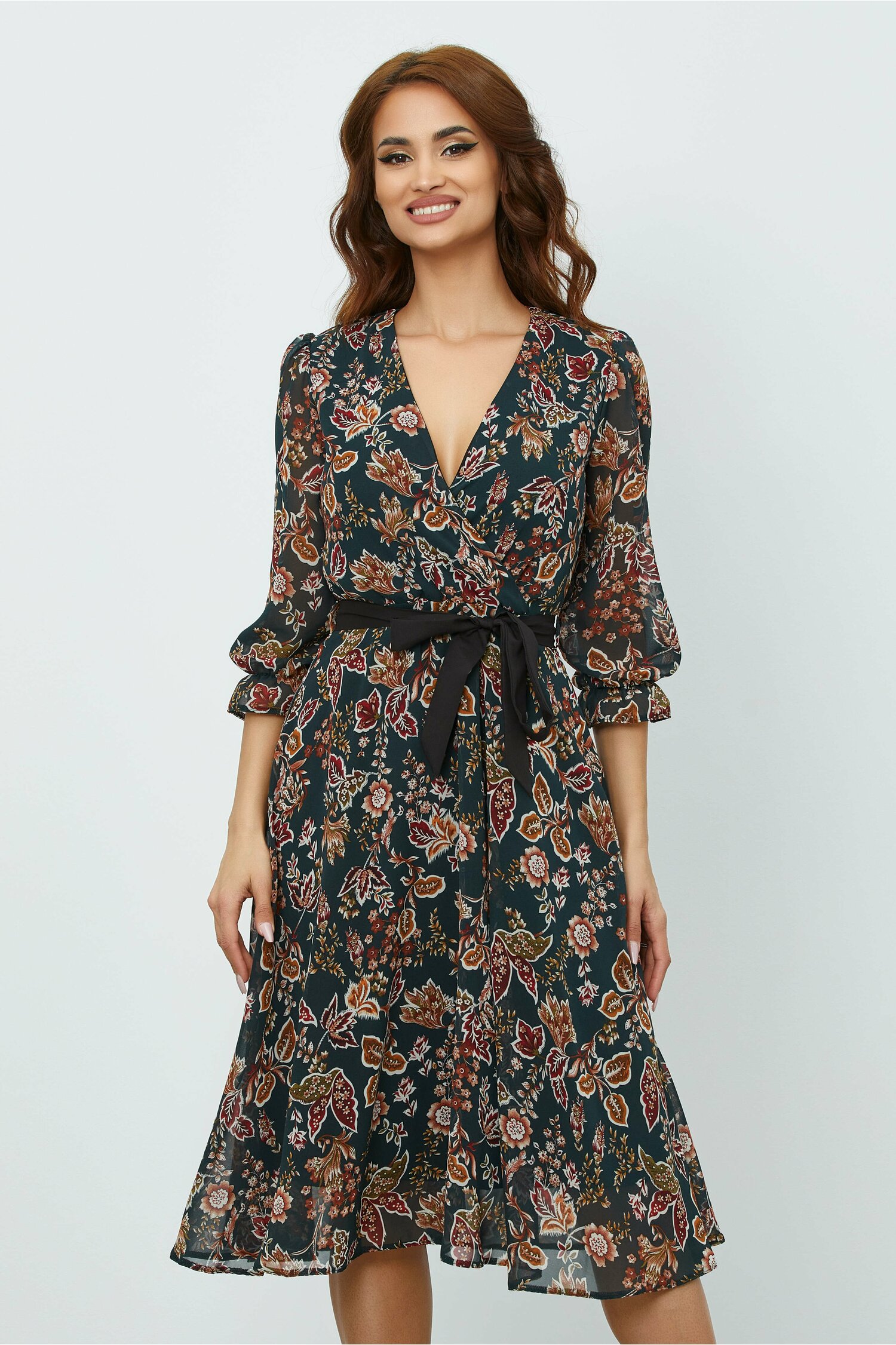 Rochie beatrice verde cu imprimeu floral maro